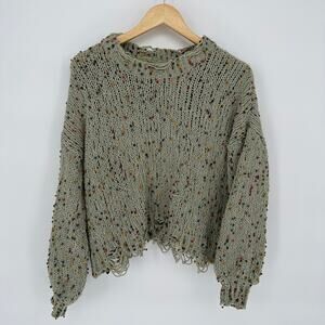 Pol Cropped Distressed Knit Muted Green Sweater Confetti Yarn Boho Grunge Size M